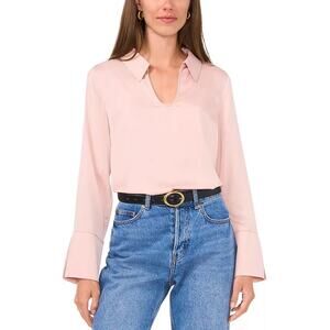 Vince Camuto Women Powder Pink Satin Casual Relax V-neck Collared Blouse Size L